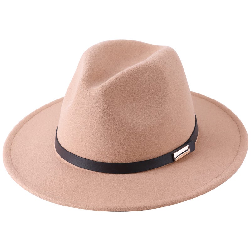 Lanzom Women Lady Retro Wide Brim Floppy Panama Hat Belt Buckle Wool Fedora Hat Fit Size 6 8/7-7 1/4(01-Camel, One Size) - Image 1